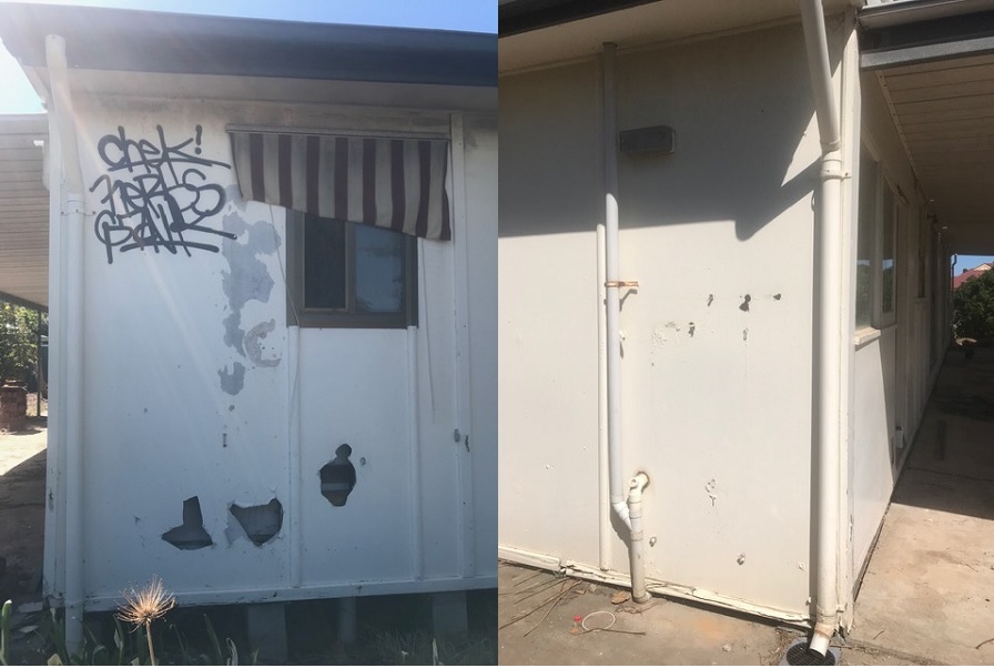 Strut property was covered in graffiti and had stolen pipes