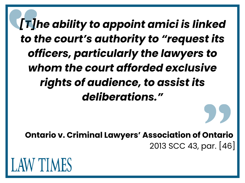 Amicus curiae; Ontario v. Criminal Lawyers’ Association of Ontario