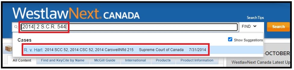 Looking up a case by citation on WestlawNext Canada.
