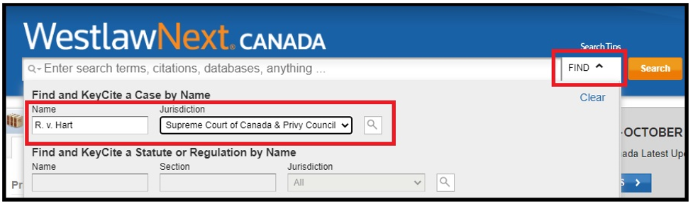 Finding a case by name on WestlawNext Canada.