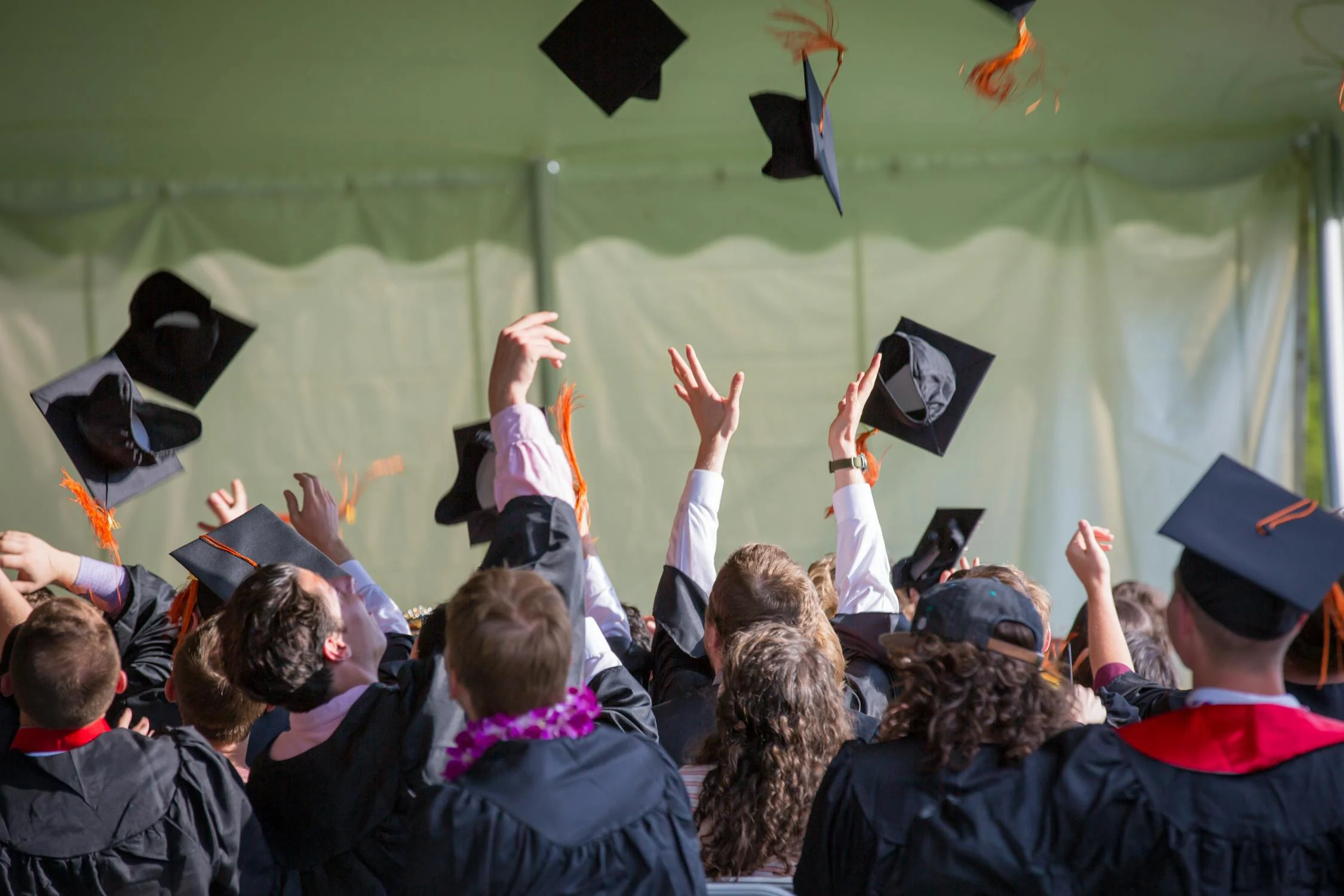 new graduates in their black academic gowns, throwing their mortarboard hats in the air