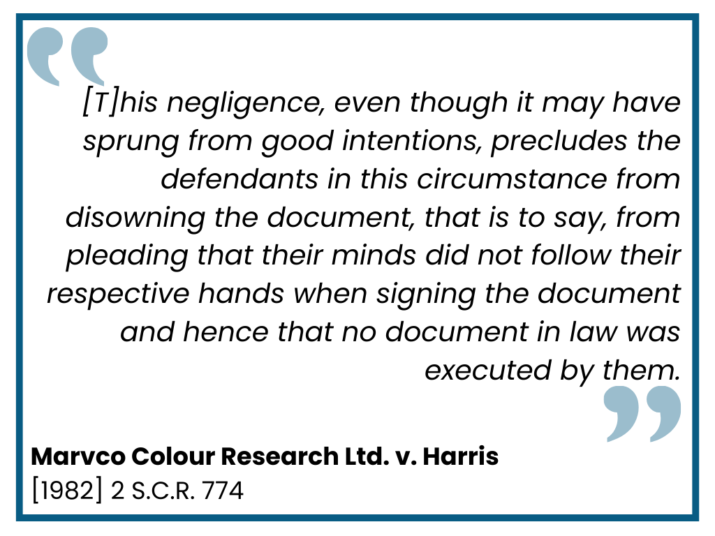 Non est factum in Marvco Colour Research Ltd. v. Harris