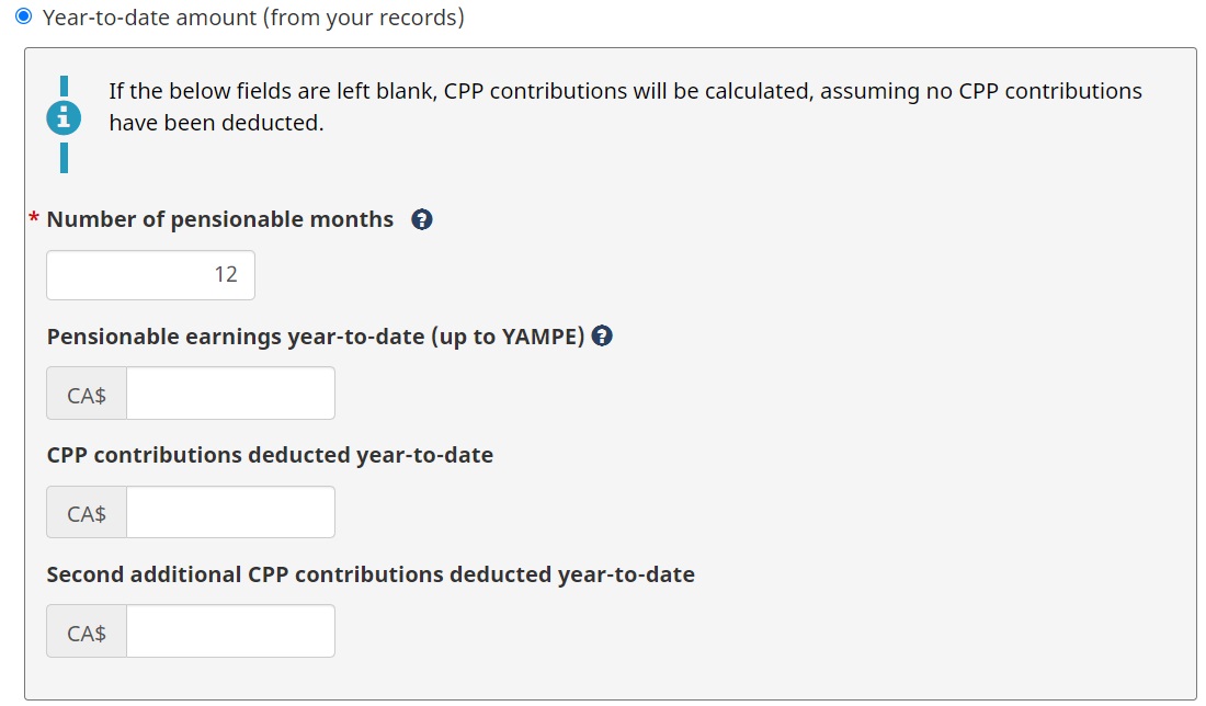 CRA payroll deductions online calculator CPP contributions year-to-date amount