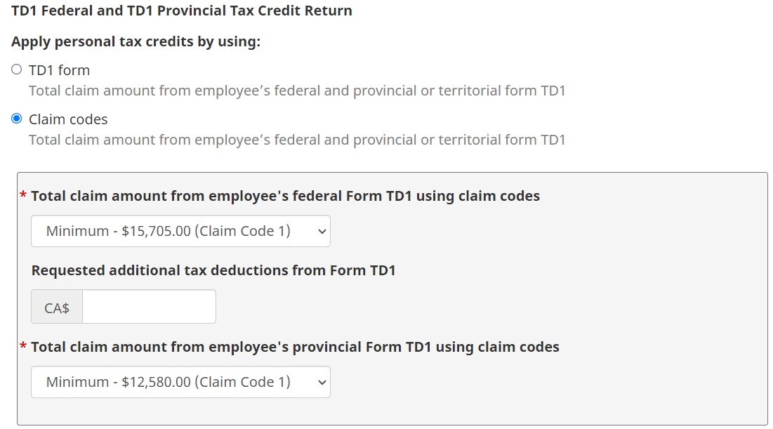 CRA payroll deductions online calculator personal tax credit claim codes