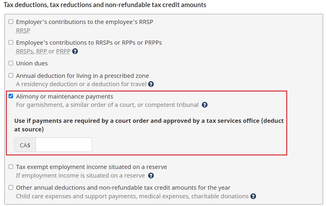 CRA payroll deductions online calculator alimony or maintenance payments