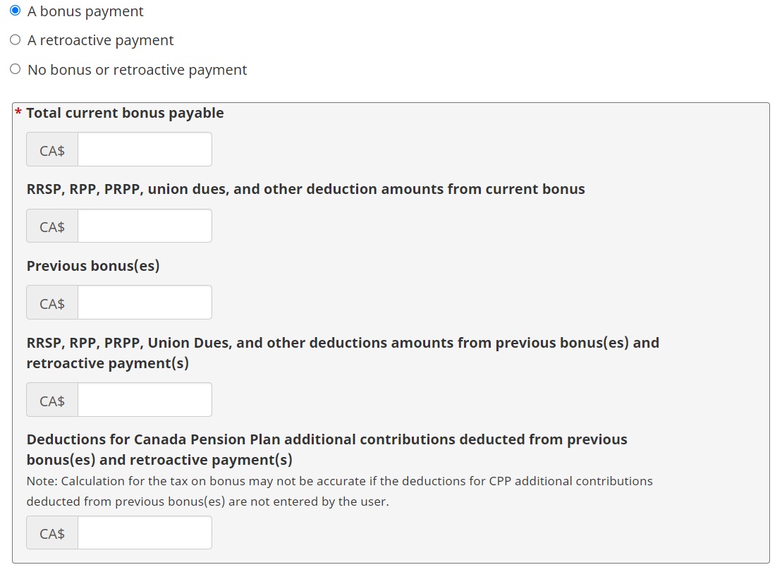 CRA payroll deductions online calculator bonus payment