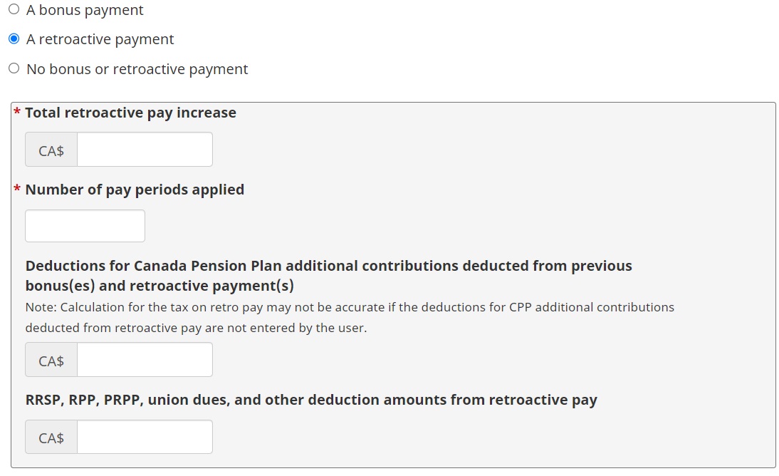 CRA payroll deductions online calculator retroactive payment