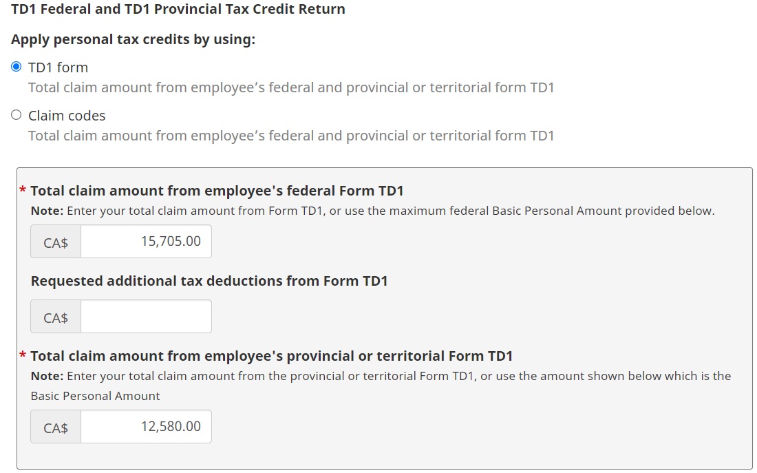 CRA payroll deductions online calculator personal tax credit TD1 form