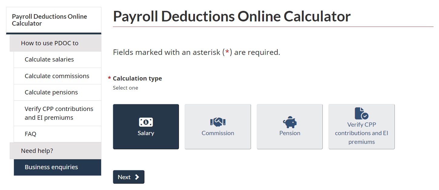 CRA payroll deductions online calculator landing page