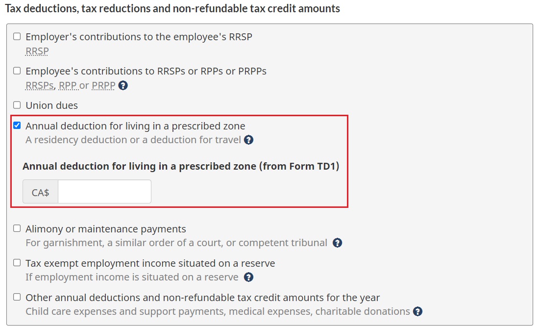 CRA payroll deductions online calculator annual deduction for living in a prescribed zone