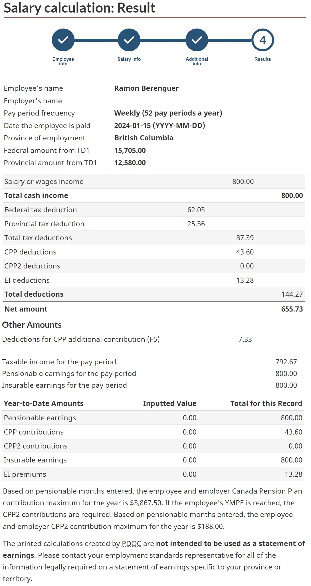 CRA payroll deductions online calculator results page