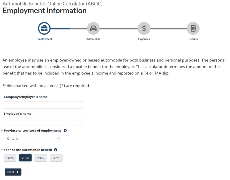 Automobile benefits online calculator – Employment information page