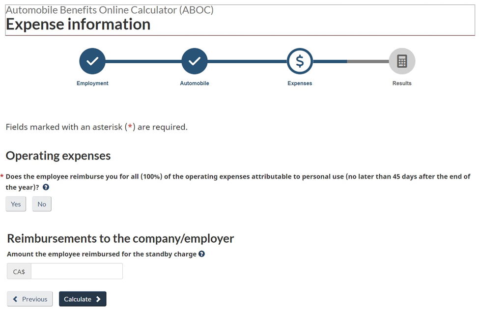  Automobile benefits online calculator – Expense information page