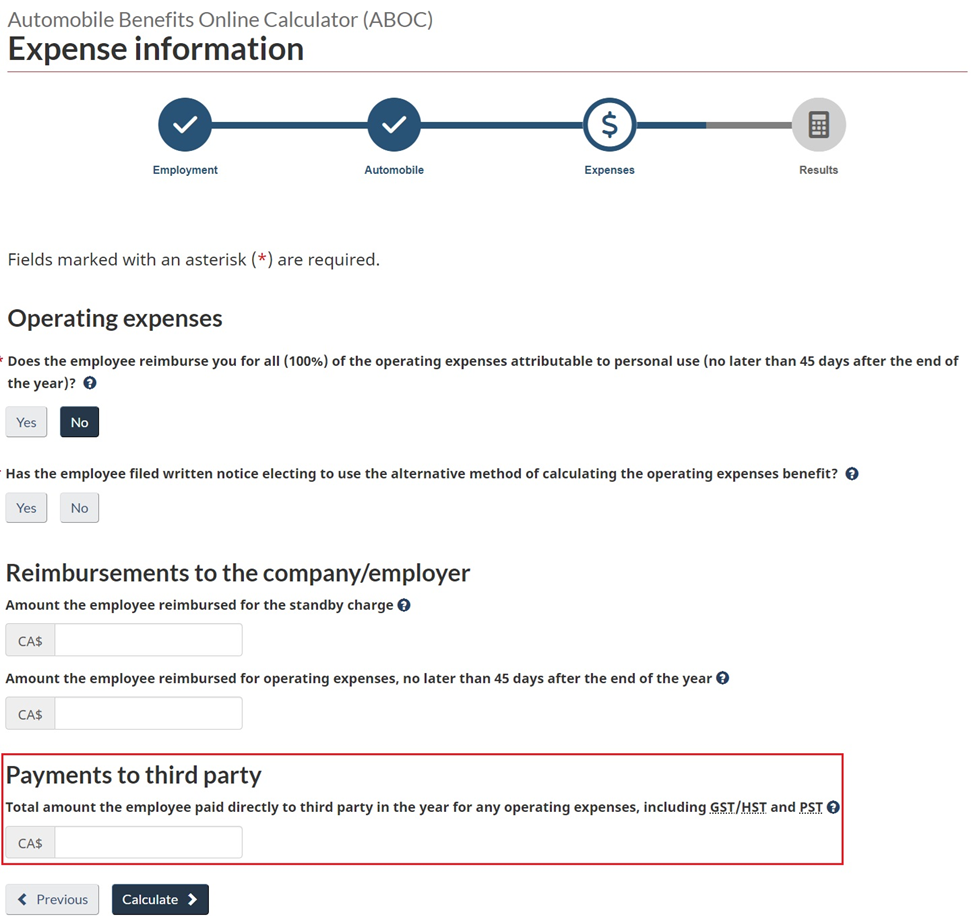 Automobile benefits online calculator – Expense information page with payments to third parties