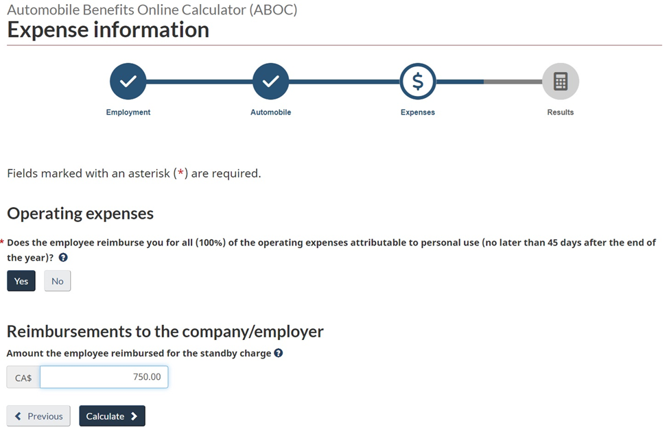 Automobile benefits online calculator – Expense information page calculation