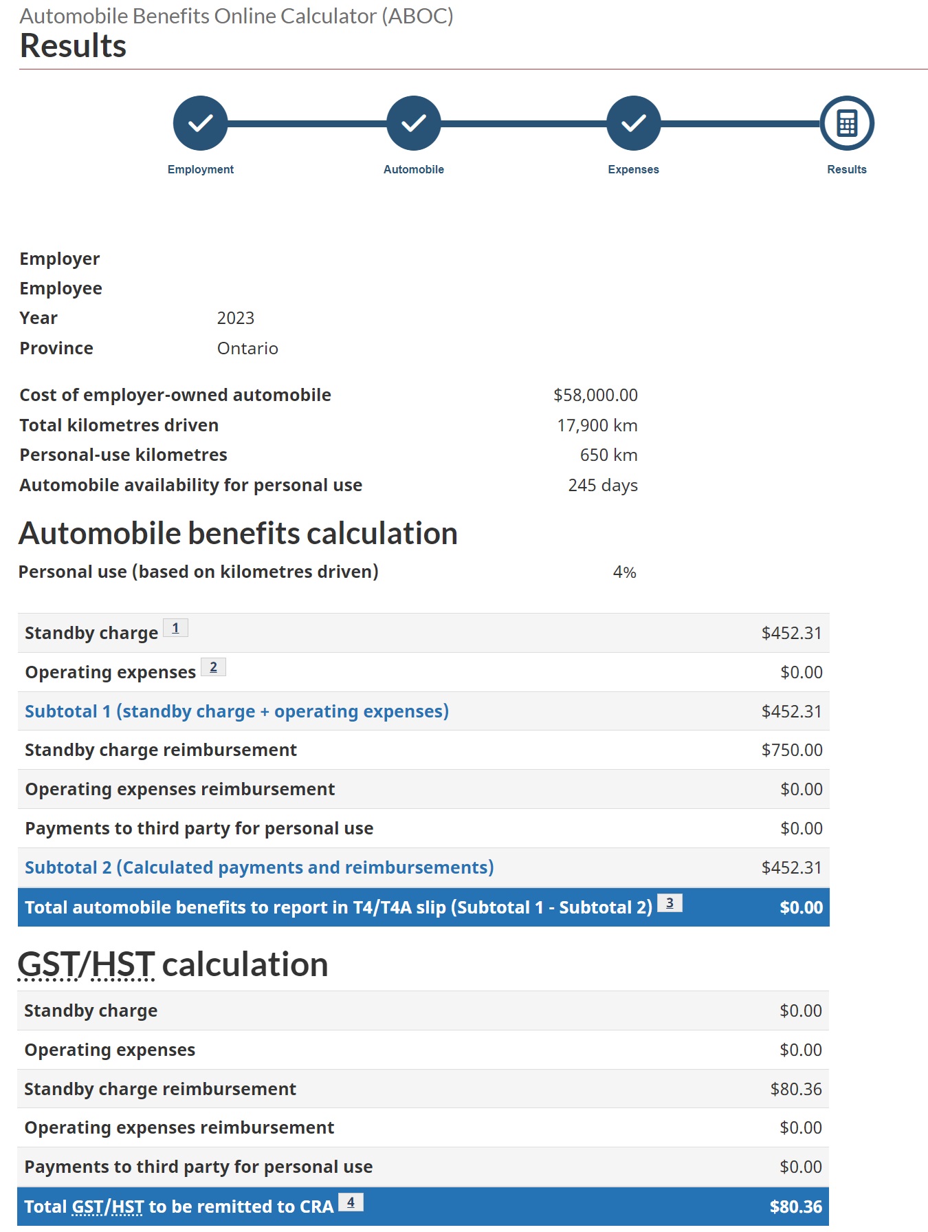 Automobile benefits online calculator – Results page