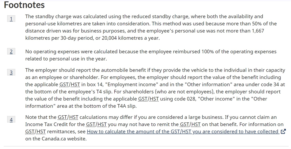 Automobile benefits online calculator – Results page footnotes