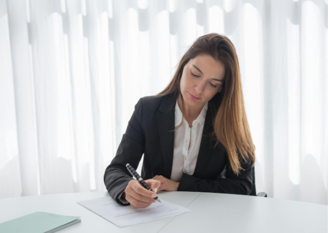 HR manager at her desk, signing an employment verification letter 