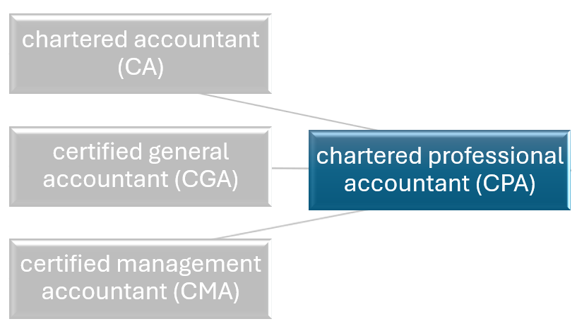 diagram showing chartered accountant, certified general accountant, and certified management accountant roles merging into chartered professional accountant designation