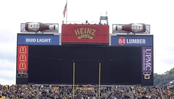 Heinz ketchup bottles atop the Heinz Field scoreboard.