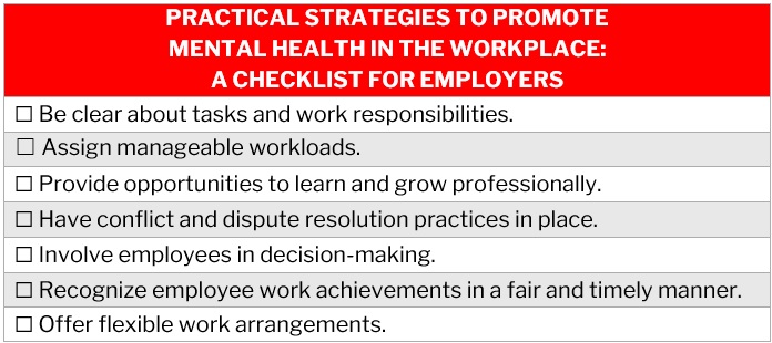 Employee mental health programs: checklist of practical strategies to promote mental health in the workplace