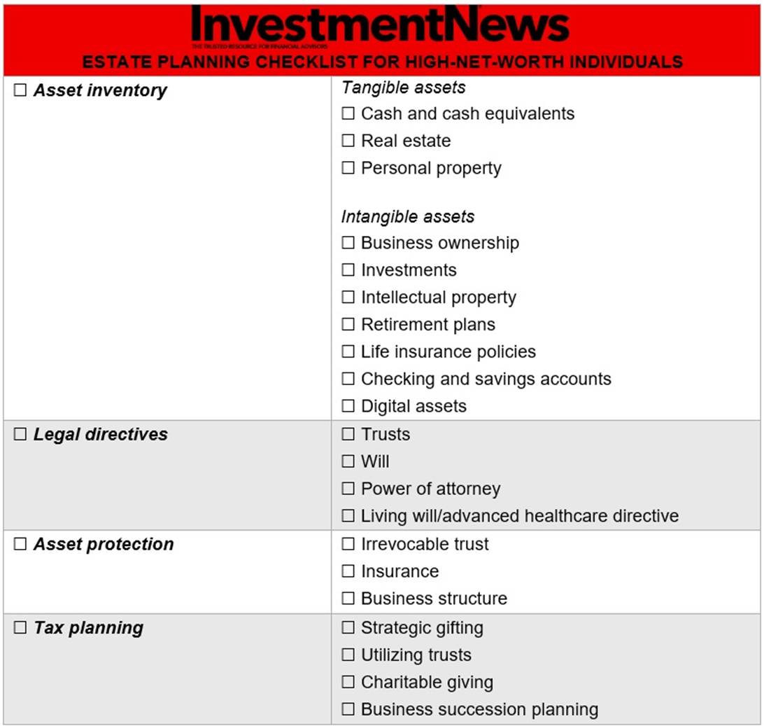 InvestmentNews downloadable estate planning checklist for high-net-worth individuals 