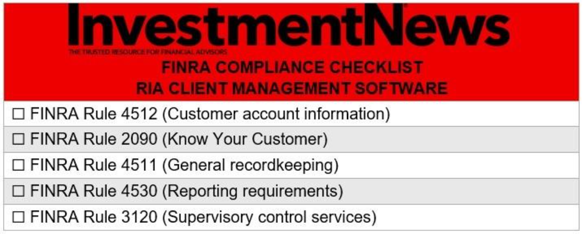 Downloadable FINRA compliance checklist for RIA client management software