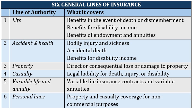  Texas insurance agency license - NAIC's six general lines of insurance with example