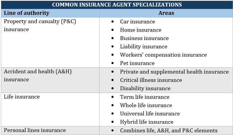 Insurance agent classes – list of specializations