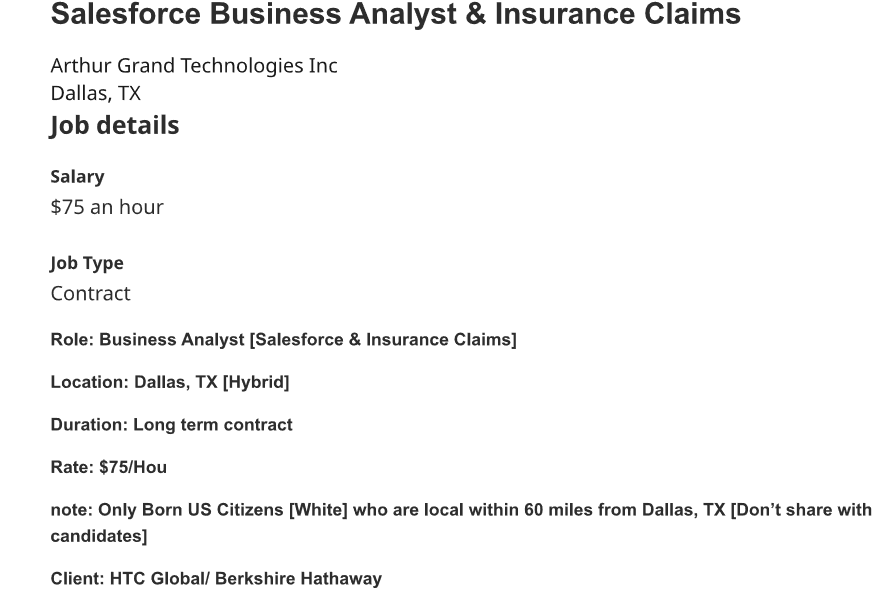 The “discriminatory” post, which listed Berkshire Hathaway and HTC Global as clients, has since been removed from job sites