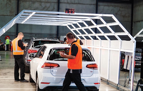 A Hail Assessment Centre set up in Mount Waverley, Victoria, to assess and triage hail-affected vehicles impacted by storms