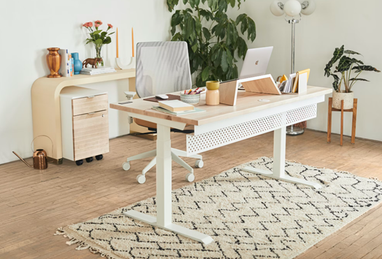 a work from home setup shows a standing desk, an ergonomic chair, and a laptop on a stand. Plants and flowers surround the space