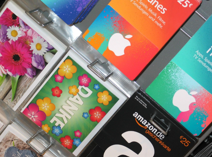 colorful gift cards, including Apple and Amazon