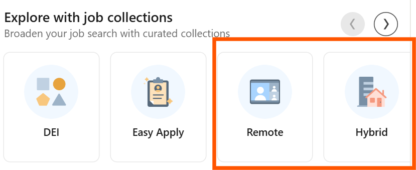 screen shot of icons for DEI, Easy Apply, Remote, and Hybrid from LinkedIn website