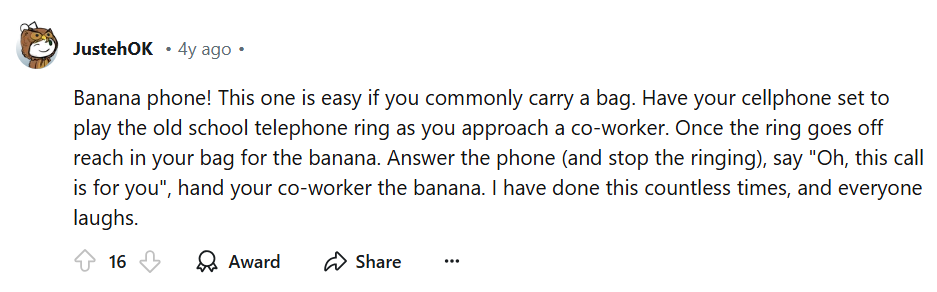 screen grab of an entry on Reddit, talking about the banana phone office prank