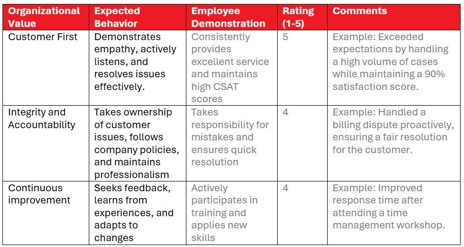 sample template for performance review showing how well an employee’s values align with the organization’s