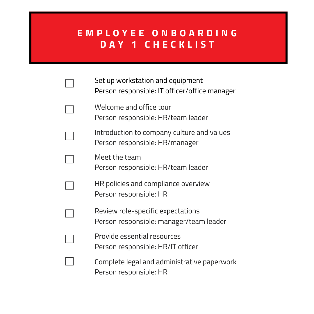 checklist for Day 1 of employee onboarding