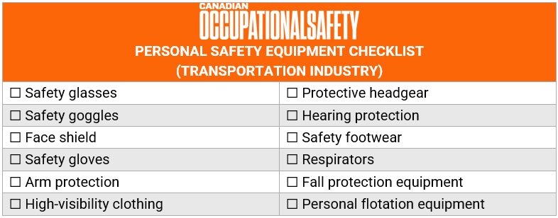  Personal safety equipment list – transportation industry