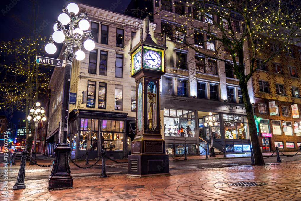 iconic Gastown Steam Clock at night in Vancouver BC