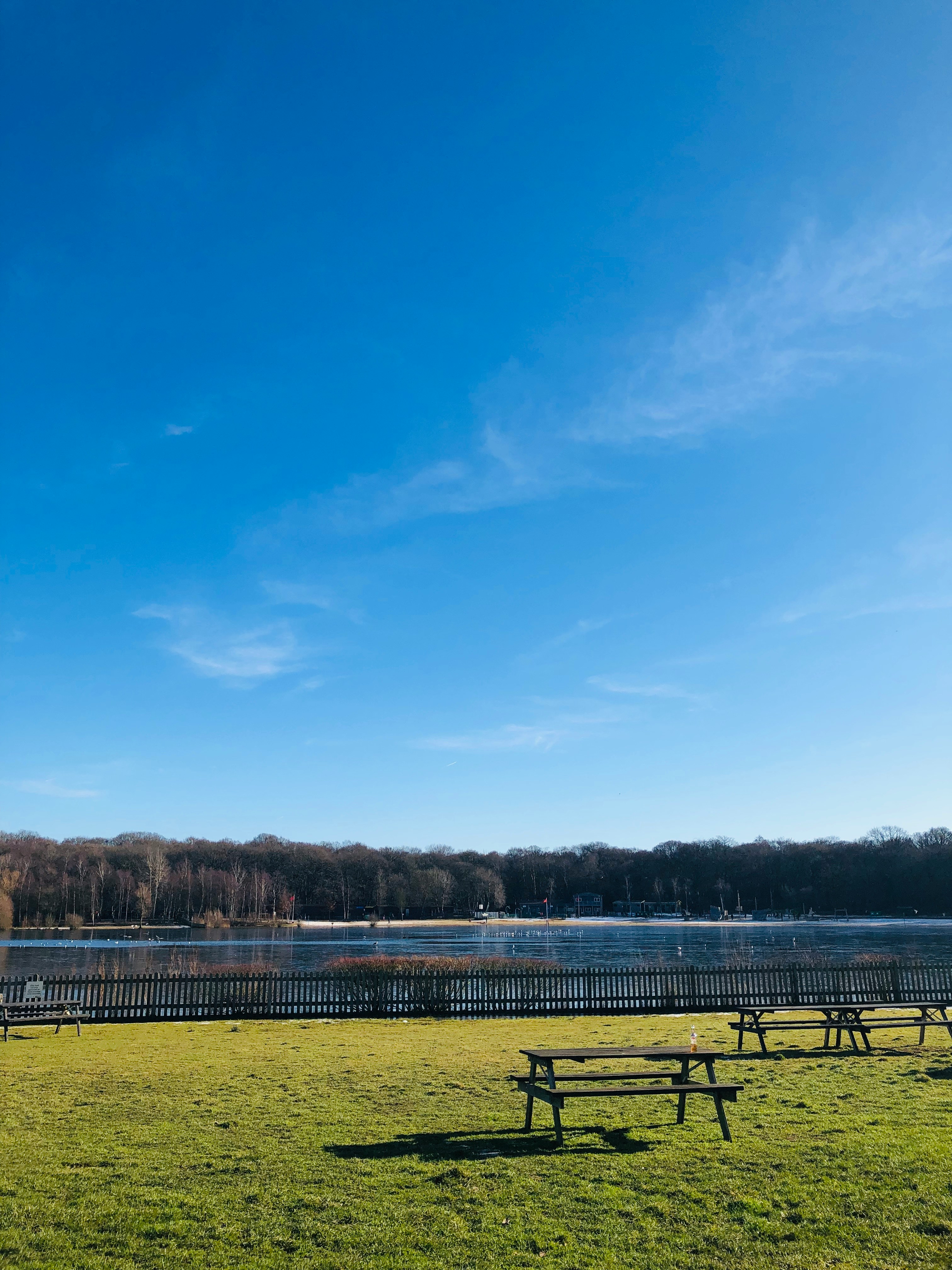 : empty benches facing a body of water with blue skies above - a quiet scene at Ruislip Lido in Hillingdon UK